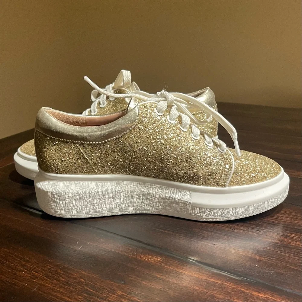 Línea Paola Kelsey Playful Lace-Up Platform Tennis Shoes PU Gold Glitter - Picture 9 of 16
